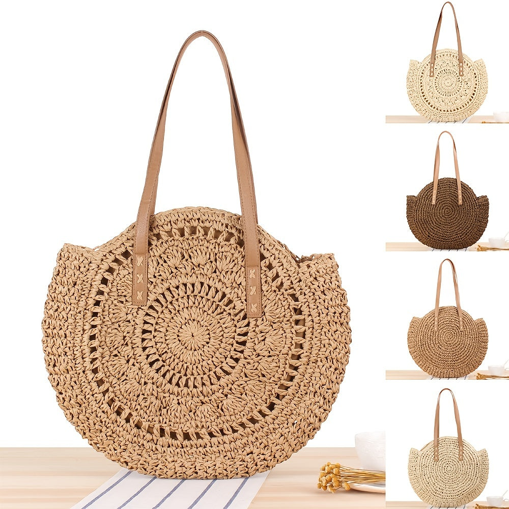 Hollow-Out Straw Handbag, Fashion Woven Beach Bag, Round Large Capacity Shoulder Bag