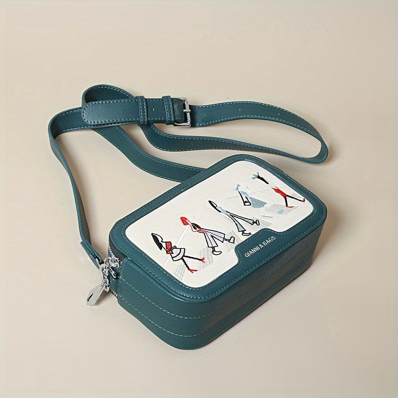 Cute Embroidered Crossbody Bag, Cartoon Double Zipper Square Purse, Women's Wide Strap Shoulder Bag