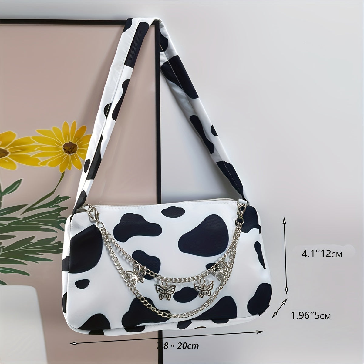 Cow Print Shoulder Bag, Women's Elegant Zipper Purse, Fashion Chain Decor Baguette Bag