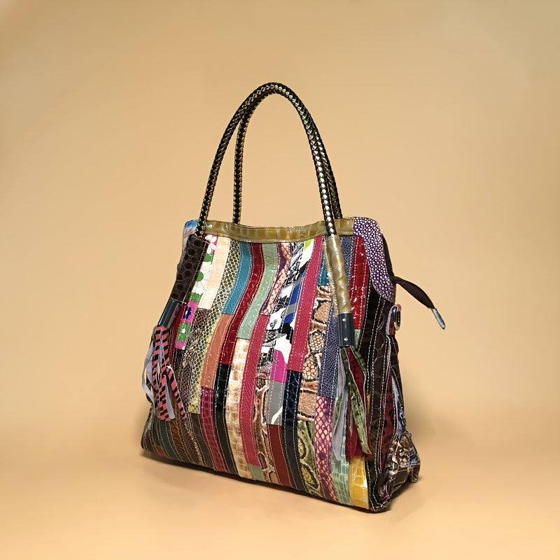 Vintage Stitching Tote Bag, Luxury Genuine Leather Handbag, Snakeskin Pattern Crossbody Bag For Women