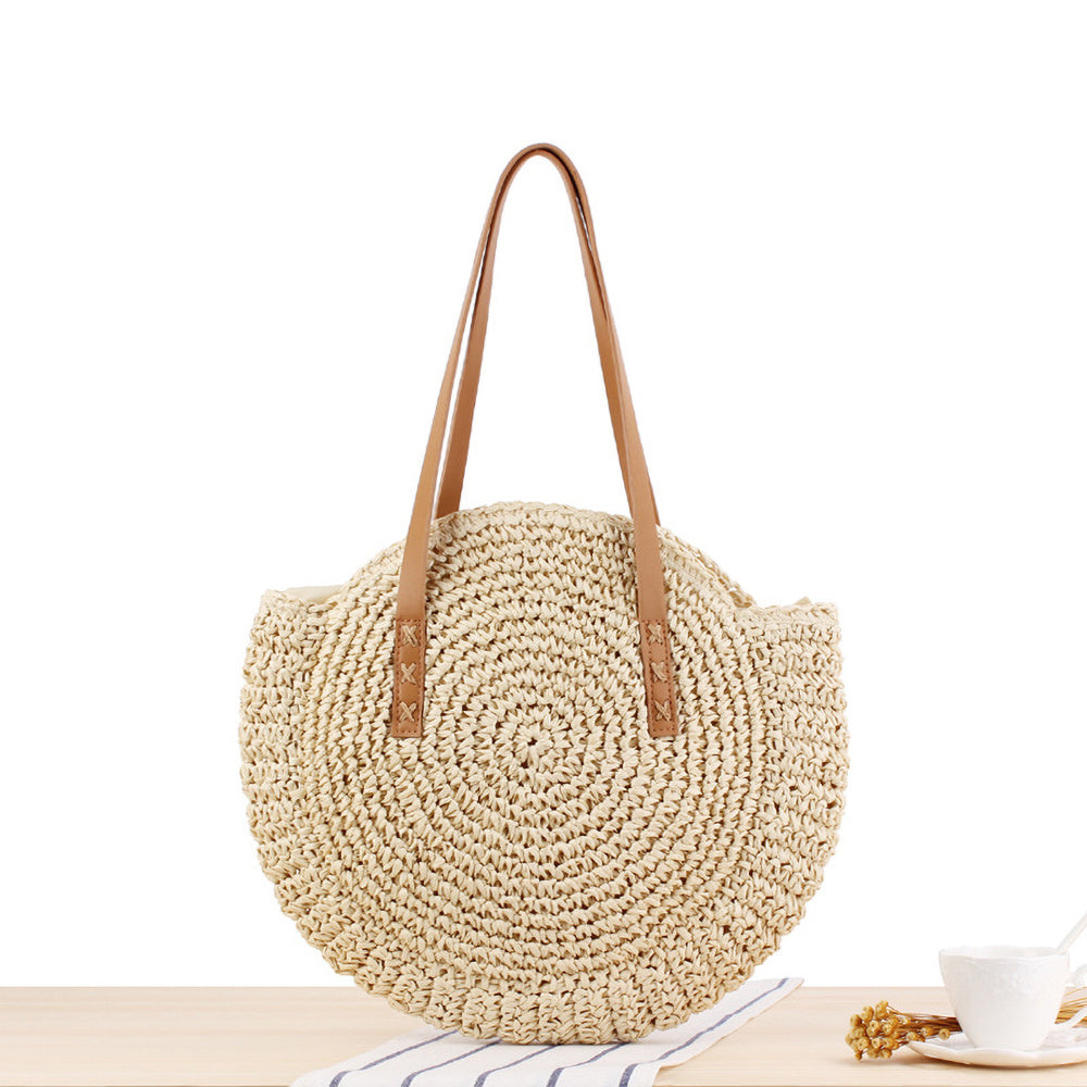 Hollow-Out Straw Handbag, Fashion Woven Beach Bag, Round Large Capacity Shoulder Bag